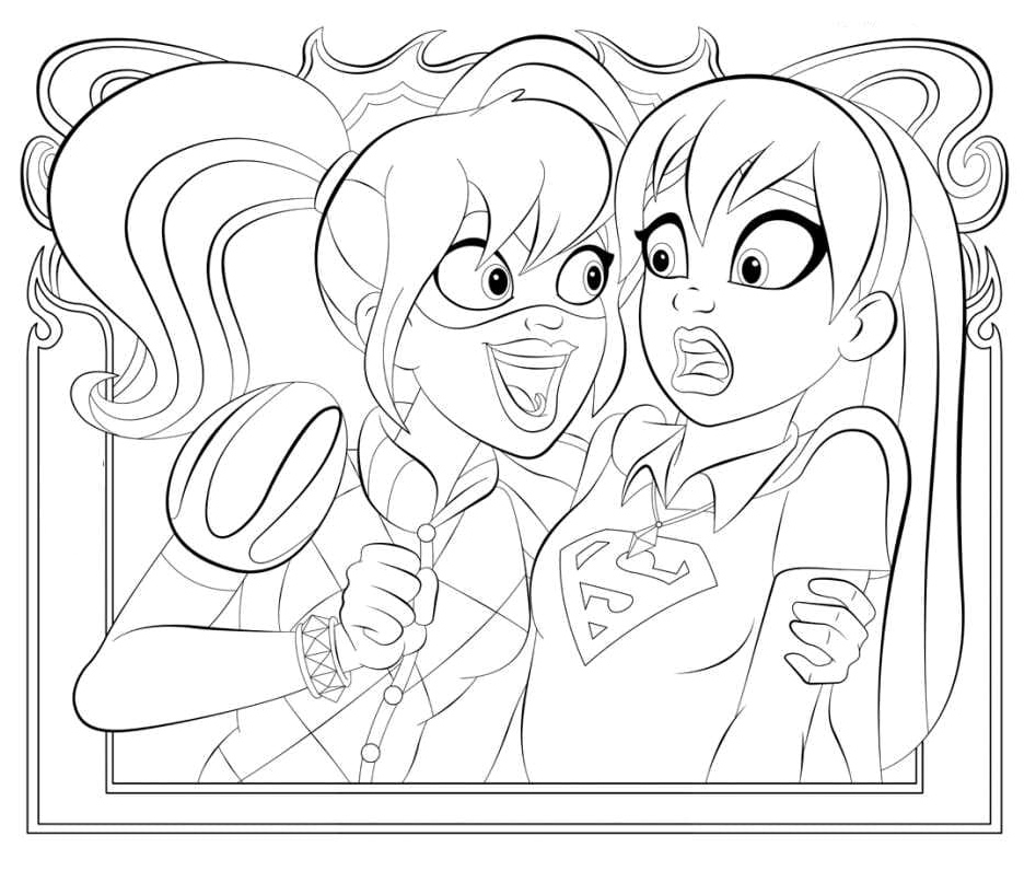 Harley Quinn with Supergirl Coloring Page