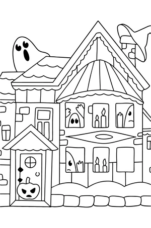 Spooky Haunted House with Ghostly Figures Coloring Page