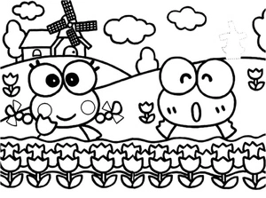 A Lovely Frog Guided a Woman to a Field of Tulips Coloring Page