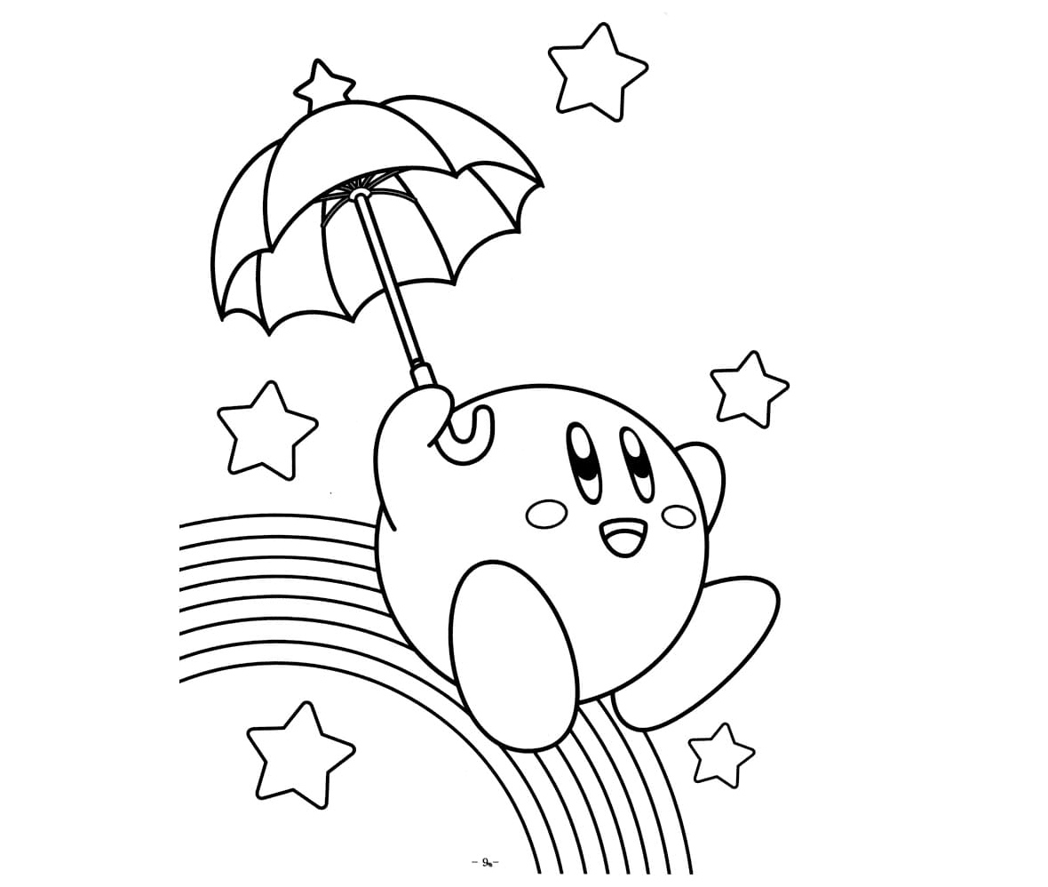 Adorable Kirby with an Umbrella Coloring Page