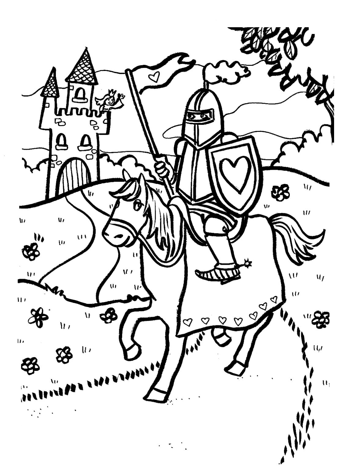 Knight and Castle Coloring Page