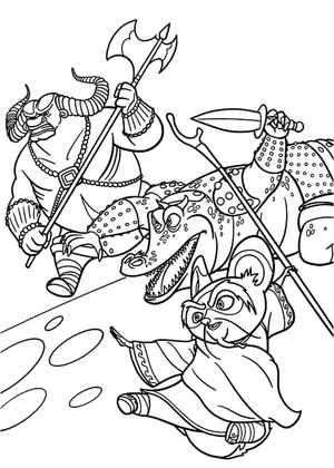 "Bull Rampage: Crocodile and Master Shifu Defend Against the Attacker" Coloring Page