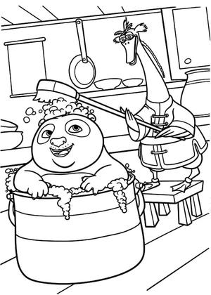 The Crane Bathes the Baby Panda Coloring Page