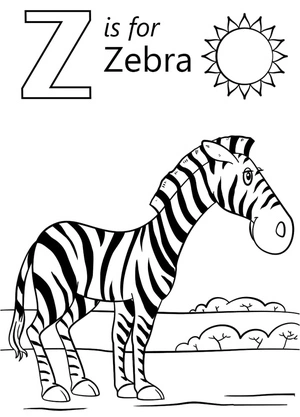 The page is titled "Z is for Zebra". Coloring Page