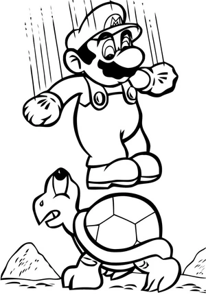 Mario leaping over a Turtle Coloring Page