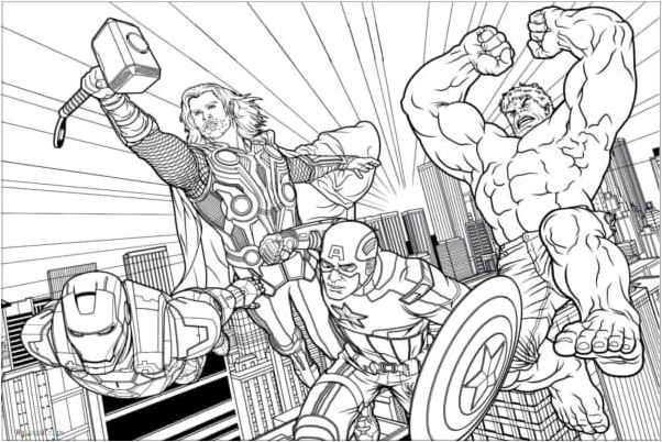 Four Superheroes' Epic Battle Coloring Page