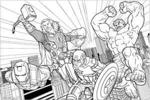 Four Superheroes' Epic Battle Coloring Page