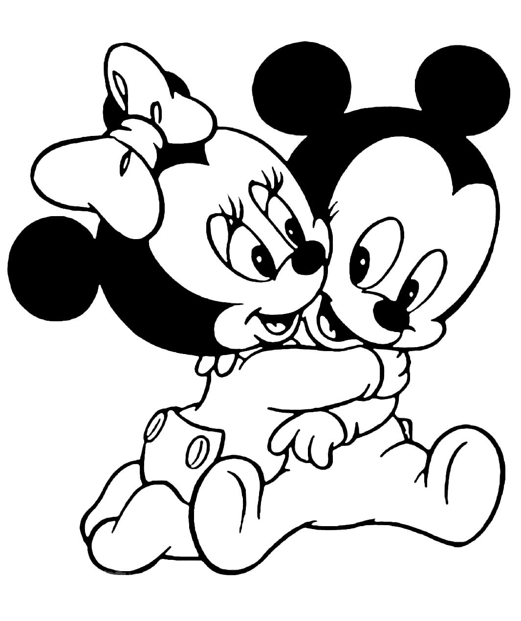 Baby Minnie Mouse embracing Baby Mickey Mouse Coloring Page