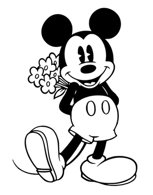 Cheerful Mickey with a Bouquet of Flowers Coloring Page