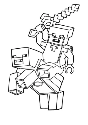 Steve Riding a Pig and Holding a Sword Coloring Page