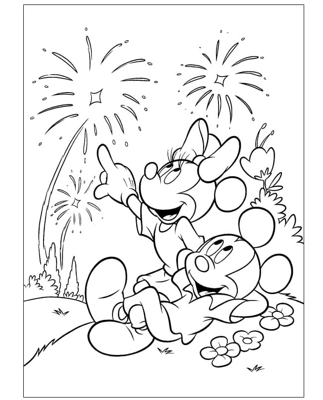 Mickey and Minnie Enjoying the Fireworks Coloring Page
