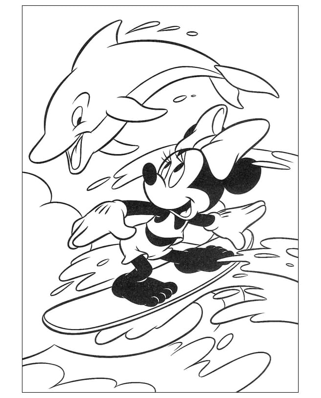 Minnie Mouse Enjoying Surfing with a Playful Dolphin Coloring Page