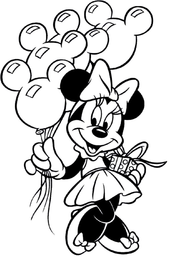 Minnie Mouse with Balloons and a Gift Coloring Page