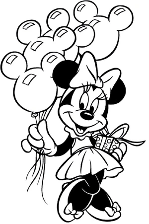 Minnie Mouse with Balloons and a Gift Coloring Page