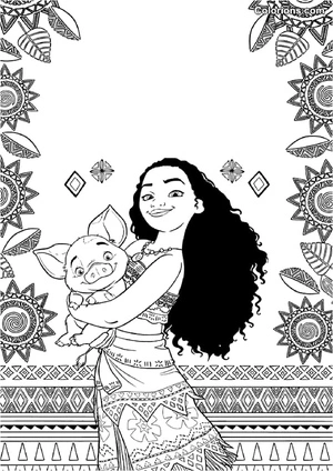 Moana and her friend Pua the Pig Coloring Page