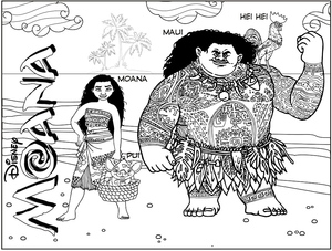 Moana and Maui together on a coloring page