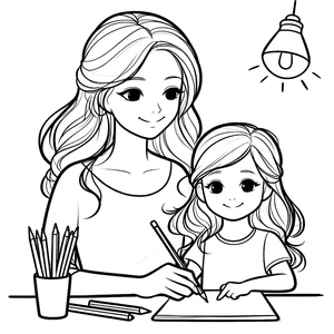 Mother Teaching Her Daughter Coloring Page