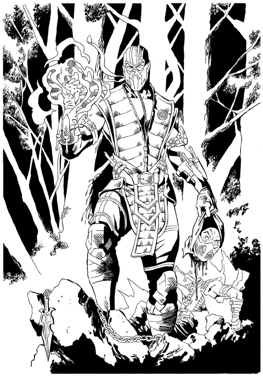 Battle between Scorpion and Sub Zero Coloring Page