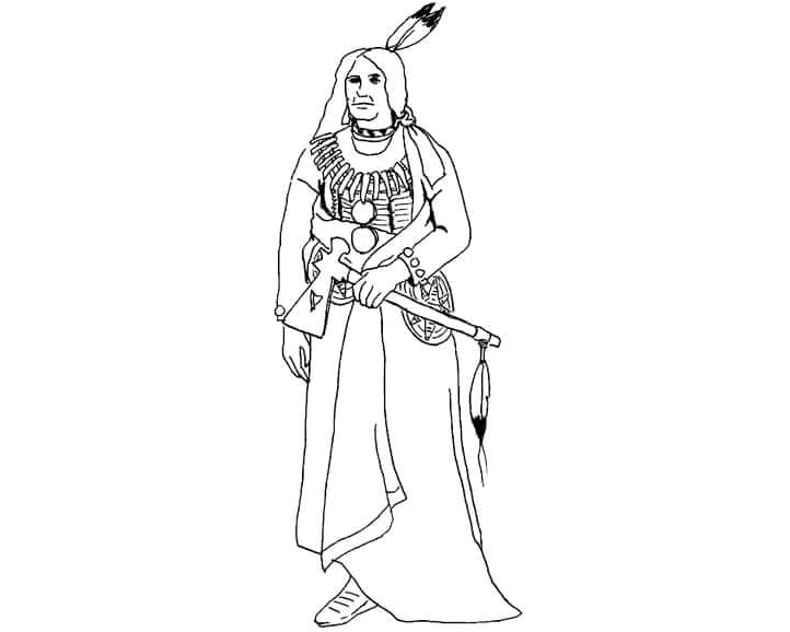 An Indian Warrior with a Tomahawk, Standing Tall Coloring Page
