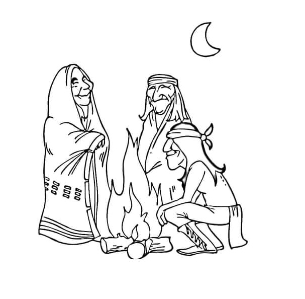 Gathering of Native Americans by the Campfire Coloring Page