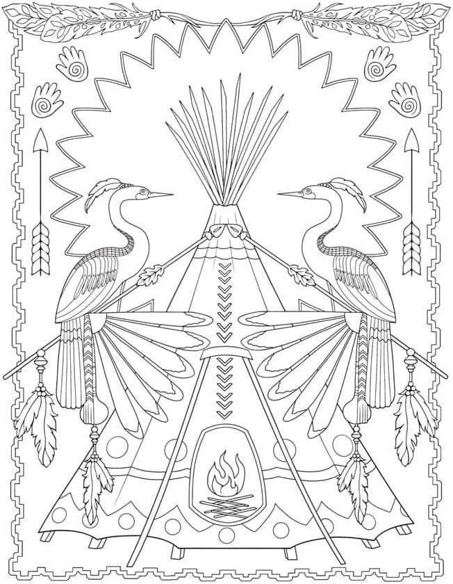 Wigwam and Storks with Spears Coloring Page