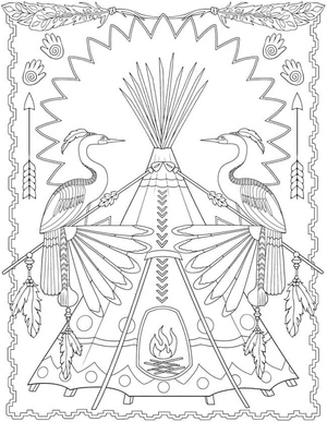 Wigwam and Storks with Spears Coloring Page