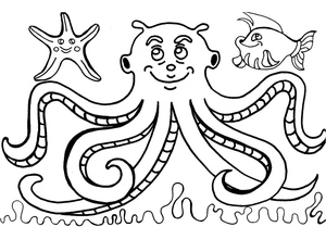 Happy Octopus Surrounded by Starfish and Fish Coloring Page