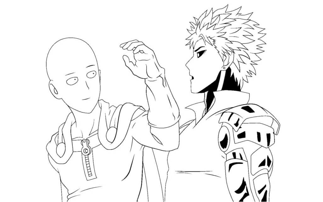 Please provide an alternate name for the coloring page featuring Saitama and Genos without using their names in the title. Coloring Page
