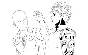 Please provide an alternate name for the coloring page featuring Saitama and Genos without using their names in the title.