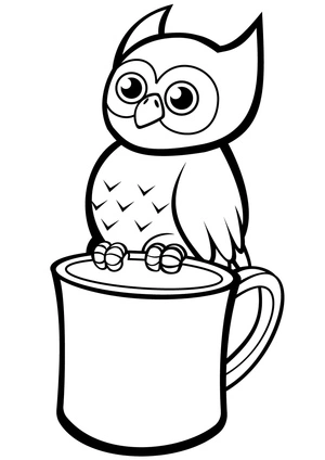 Owl perched on a coffee mug Coloring Page