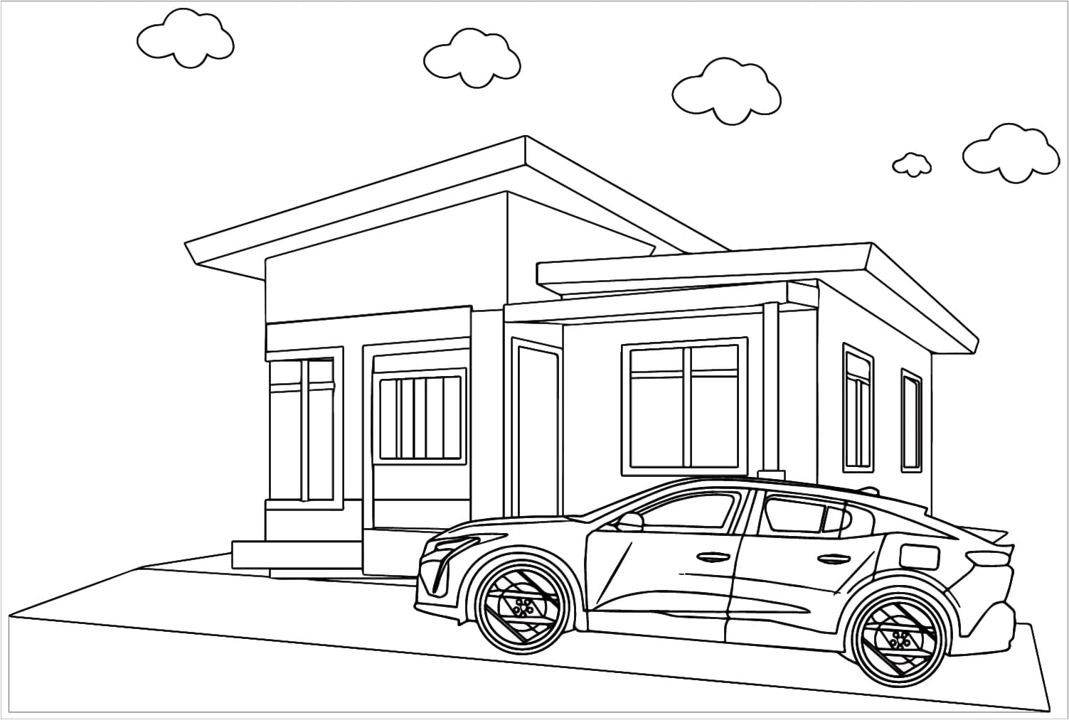 Car and House Coloring Page Coloring Page