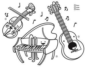 Cartoon Piano and Other Musical Instruments Coloring Page