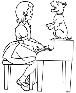 Young Girl Playing Piano with Dog Coloring Page