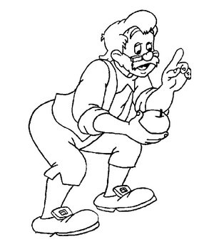 The character for the coloring page is Geppetto from the story of Pinocchio.