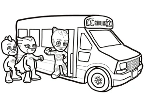 "School Bus Adventures with PJ Masks" Coloring Page