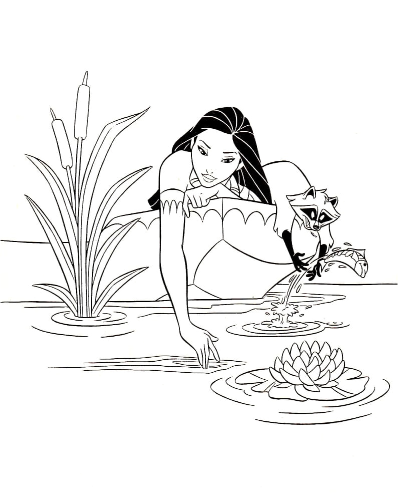 Pocahontas and Her Trusted Friend Meeko Coloring Page