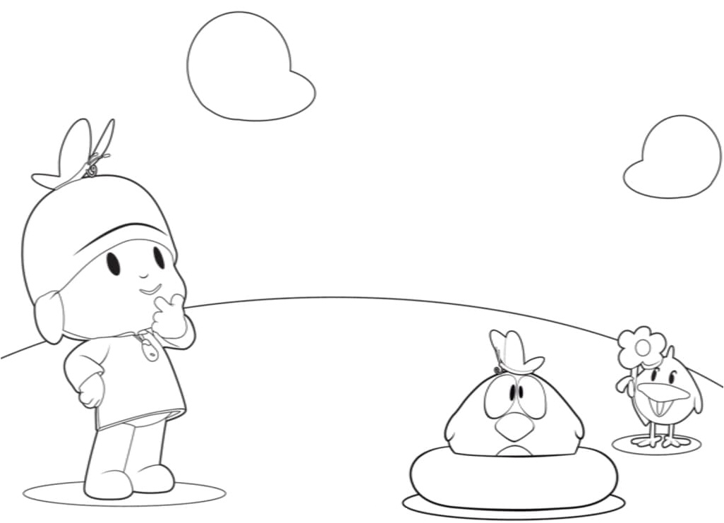 Pocoyo with his friends Sleepy Bird and Baby Bird Coloring Page