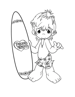 A Boy with a Surfboard in Precious Moments Coloring Page