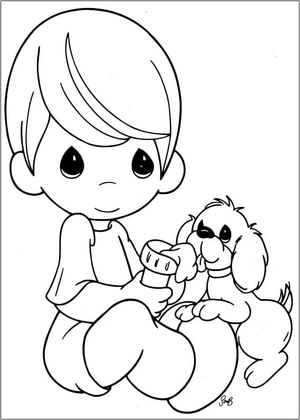 Boy and Puppy in Precious Moments Coloring Page