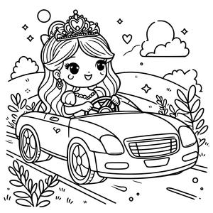 Adorable Princess Behind the Wheel Coloring Page
