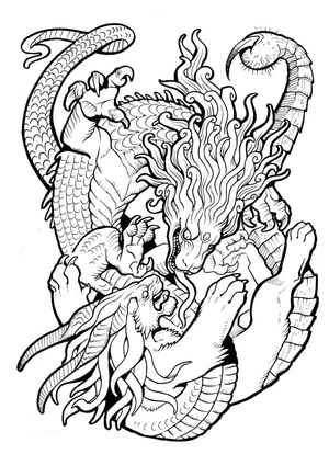 Dragon and Lion in a Psychedelic Setting Coloring Page