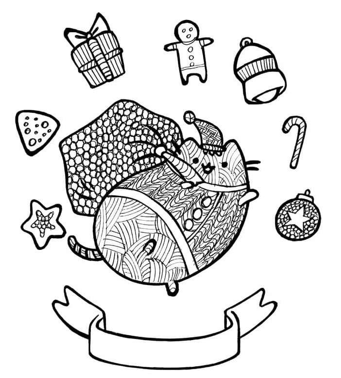 Festive Pusheen for Christmas Coloring Page