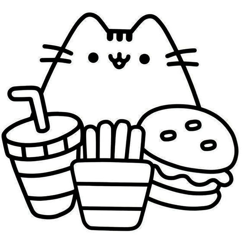 Pusheen and Delicious Foods Coloring Page