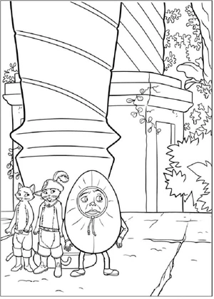 Hide and Seek with Puss in Boots, Kitty, and Humpty Coloring Page
