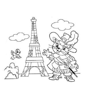 Puss in Boots in Front of the Eiffel Tower Coloring Page