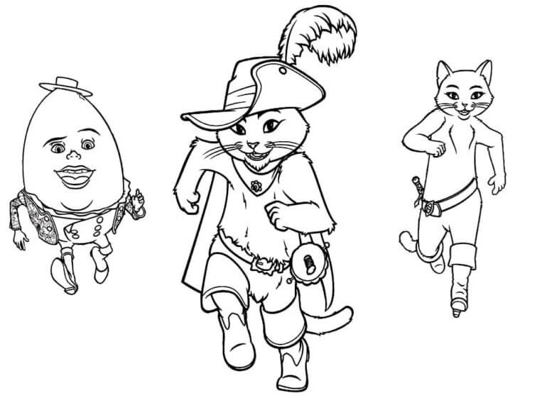 Puss in Boots, Kitty, and Humpty Dumpty Coloring Page