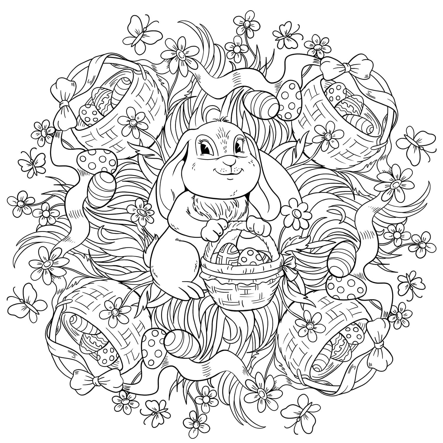 Mandala of a Rabbit with Baskets Full of Eggs Coloring Page