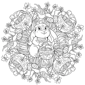 Mandala of a Rabbit with Baskets Full of Eggs Coloring Page