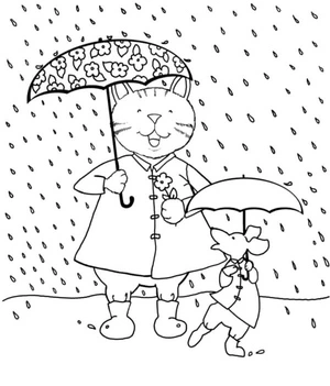 A Cat and a Mouse Playing in the Rain Coloring Page