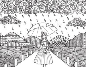 Girl holding umbrella in the rain Coloring Page